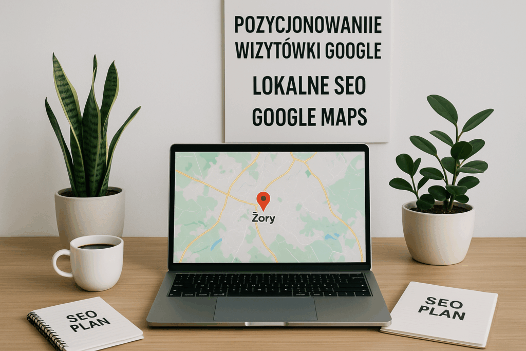 Laptop z mapą i lokalizacją „Żory” na biurku w minimalistycznym biurze; obok notatniki z napisem „SEO PLAN”, filiżanka kawy, dwie rośliny doniczkowe, a na ścianie plakat z napisem „Pozycjonowanie wizytówki Google – Lokalne SEO – Google Maps”.