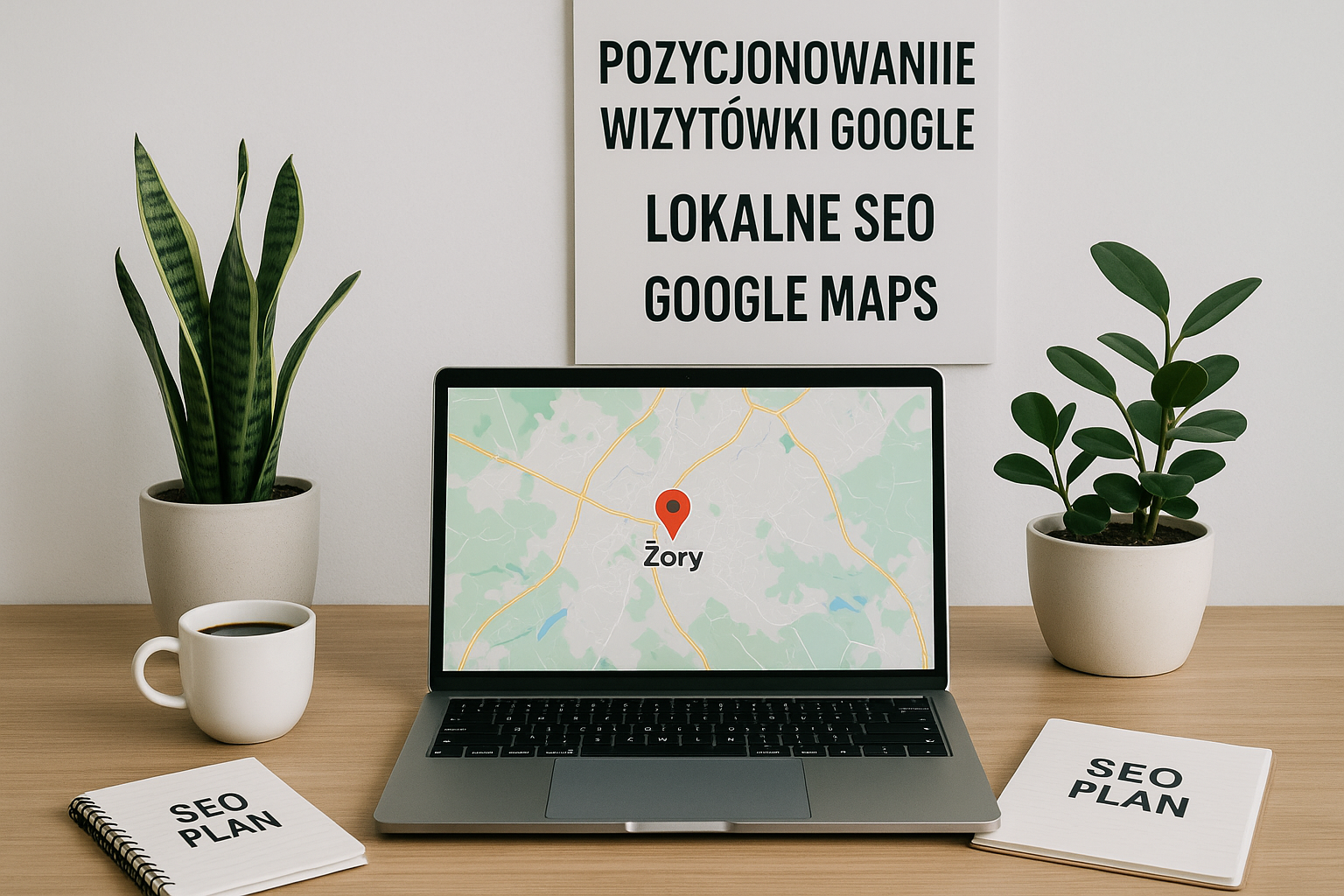 Laptop z mapą i lokalizacją „Żory” na biurku w minimalistycznym biurze; obok notatniki z napisem „SEO PLAN”, filiżanka kawy, dwie rośliny doniczkowe, a na ścianie plakat z napisem „Pozycjonowanie wizytówki Google – Lokalne SEO – Google Maps”.