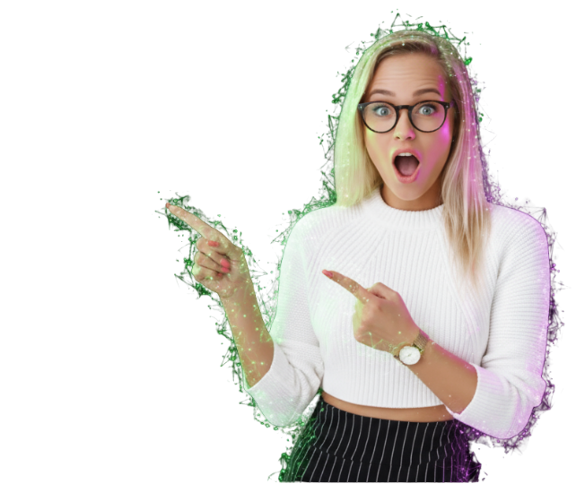 Blondynka w okularach i swetrze wskazuje palcami na miejsce, gdzie znajduje się formularz kontaktowy.