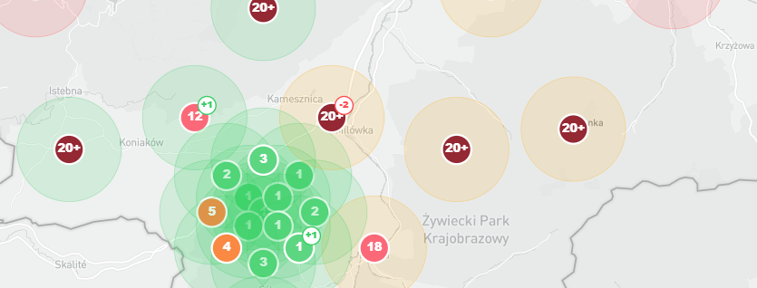 Mapa pozycji firmy w Mapach Google prezentująca wyniki w regionie Beskidów i południowej Polski