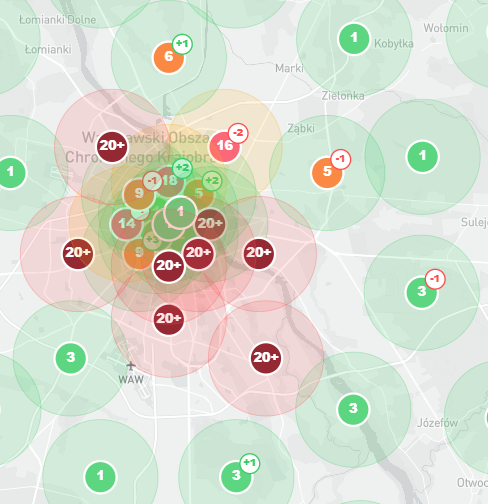 Mapa pozycji wizytówki Google z zaznaczonymi wynikami widoczności w Warszawie i okolicach