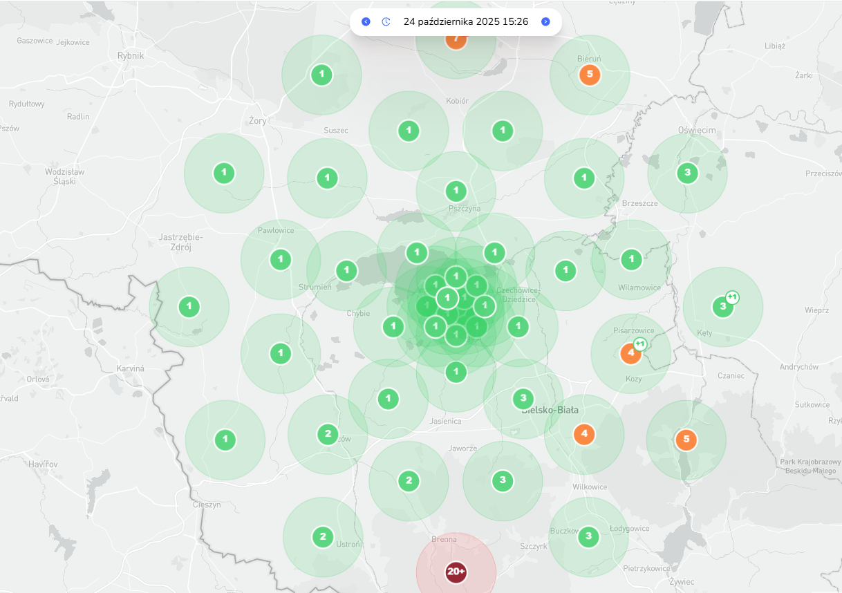 Mapa widoczności firmy w Mapach Google przedstawiająca pozycje wizytówki w różnych lokalizacjach na Śląsku i w Małopolsce