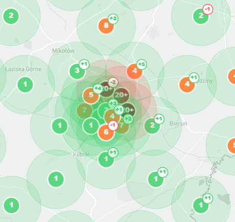 Mapa widoczności firmy w Mapach Google przedstawiająca pozycje wizytówki w regionie śląskim