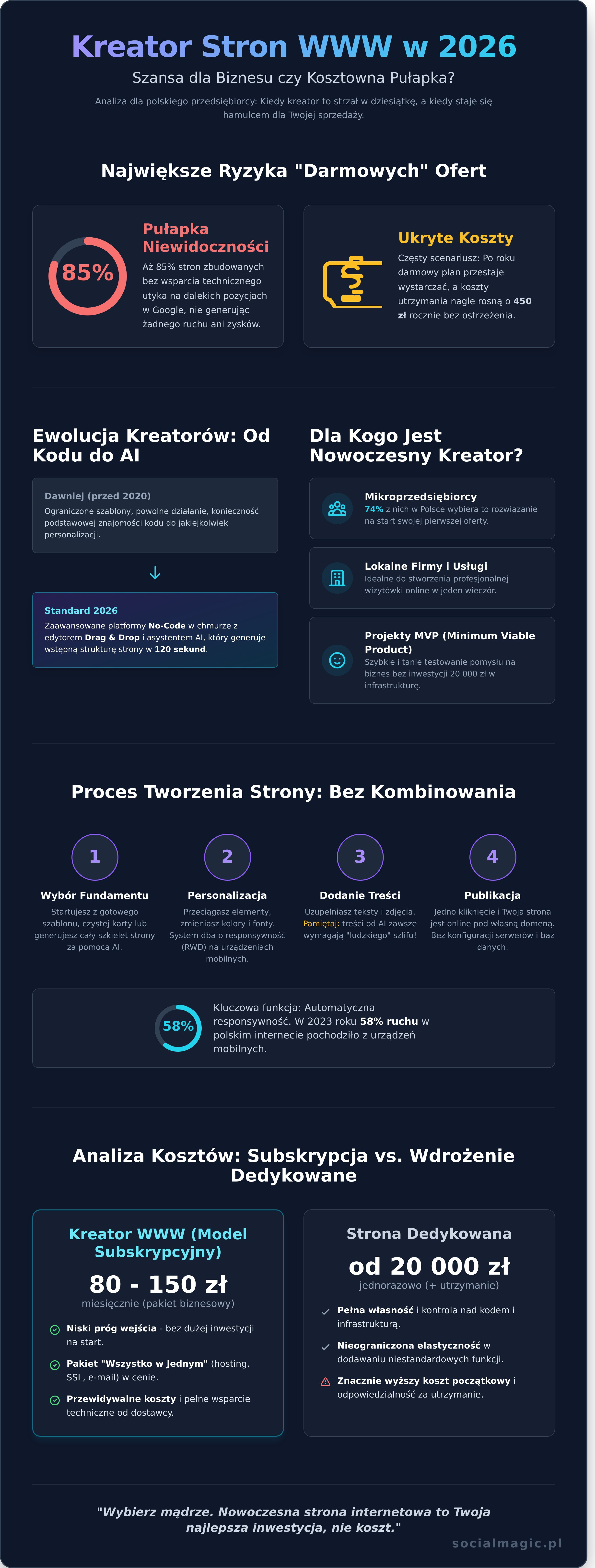 Kreator stron WWW w 2026 roku: Narzędzie sukcesu czy pułapka na start? - Infographic