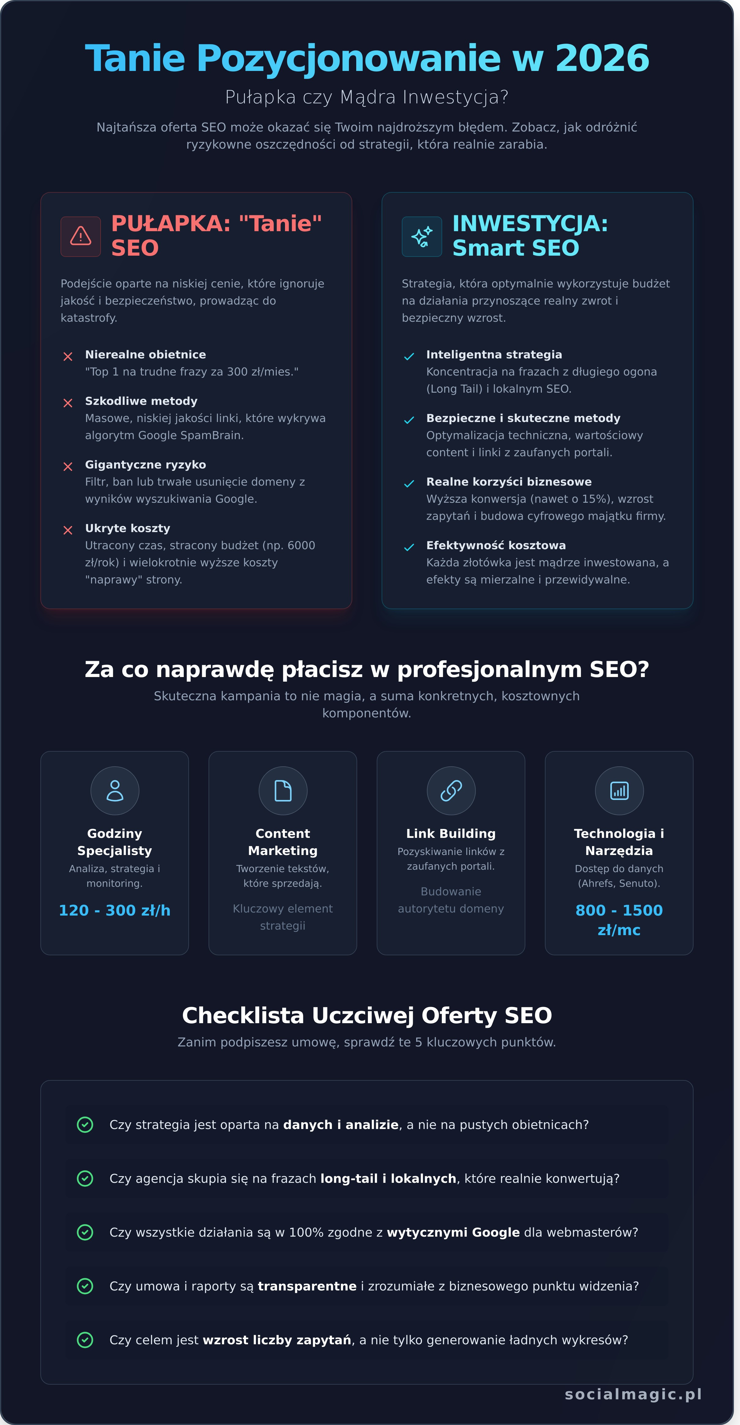 Tanie pozycjonowanie stron: Jak nie przepłacić i nie zniszczyć strony w 2026 roku? - Infographic