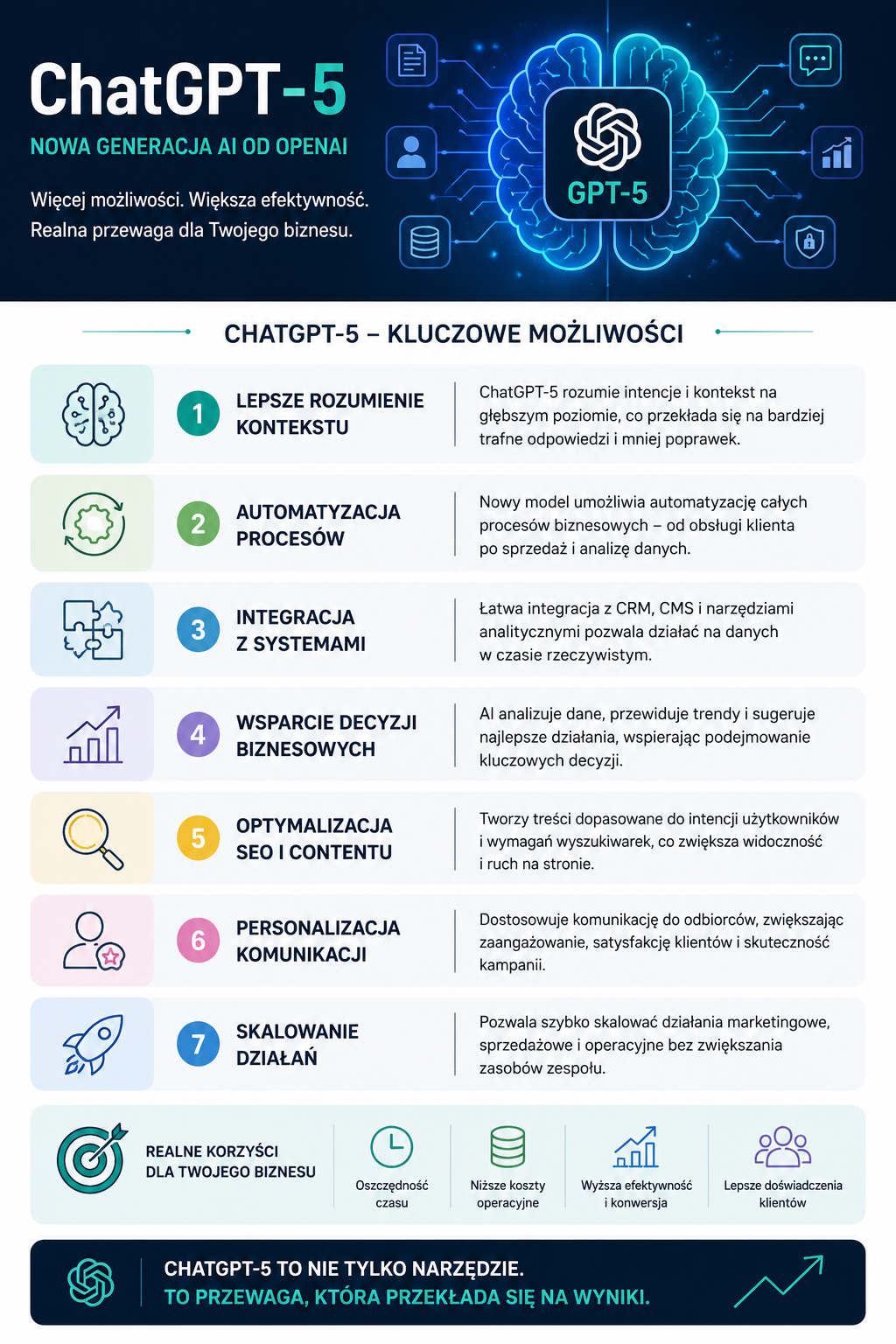 ChatGPT-5 możliwości AI automatyzacja biznesu i SEO infografika