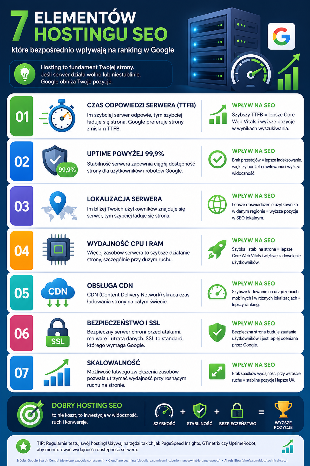 Infografika hosting SEO elementy wpływające na widoczność w Google i ranking strony