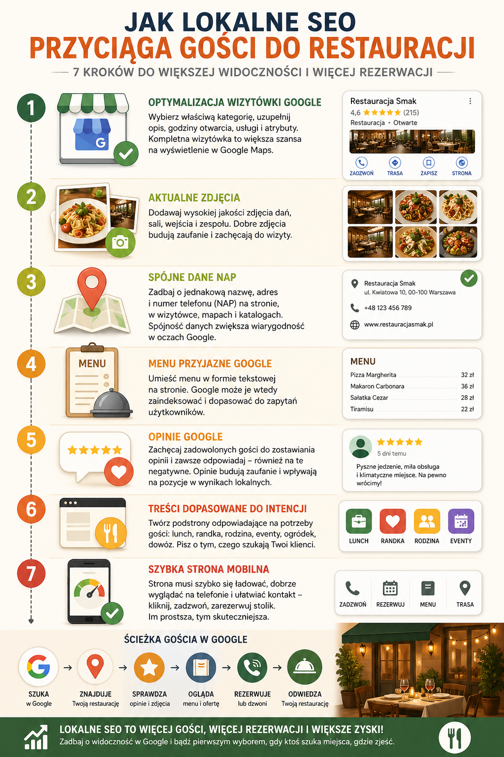 Infografika pozycjonowanie restauracji pokazująca kroki lokalnego SEO od Google Maps do rezerwacji
