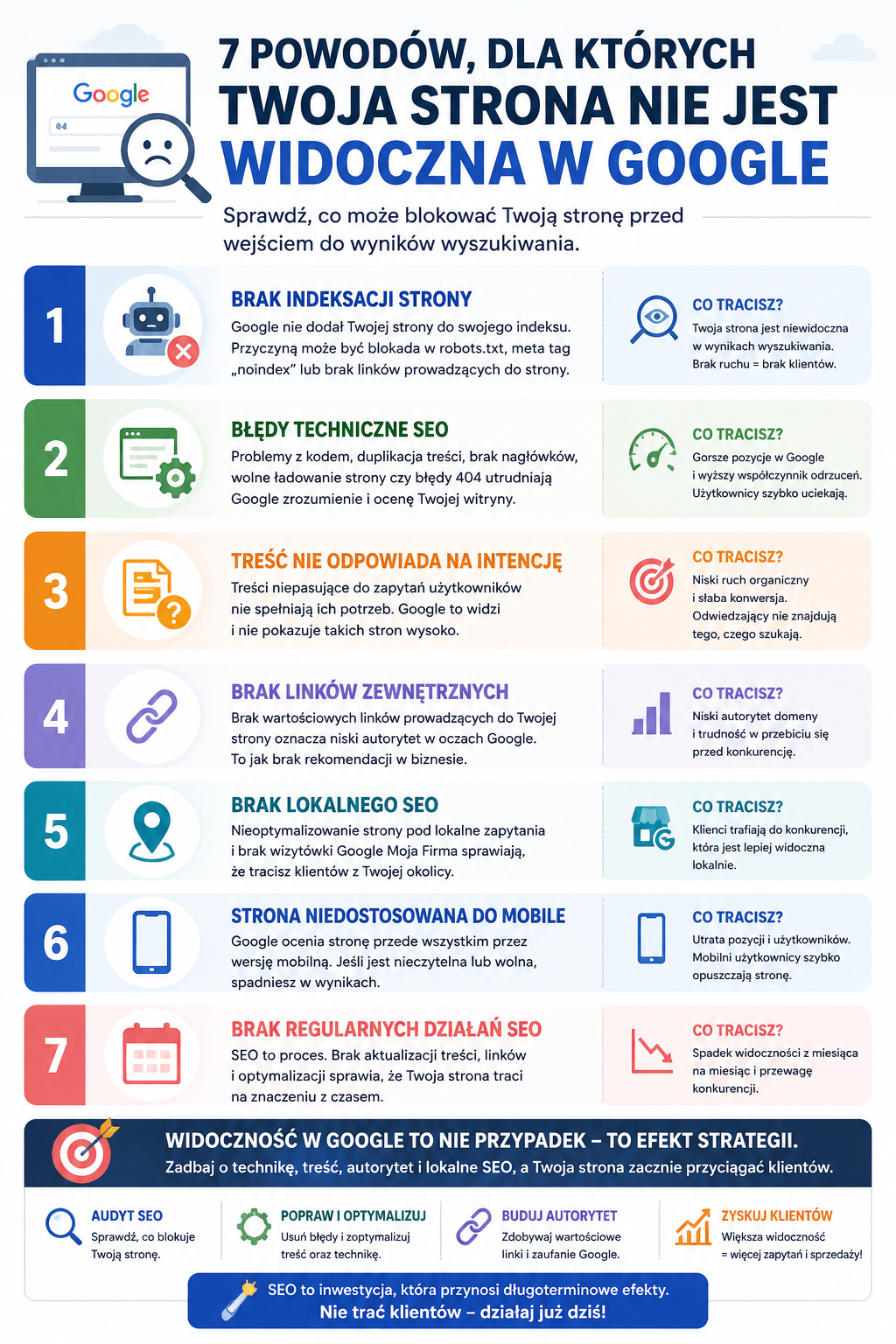 powody dlaczego strona nie jest widoczna w Google infografika SEO