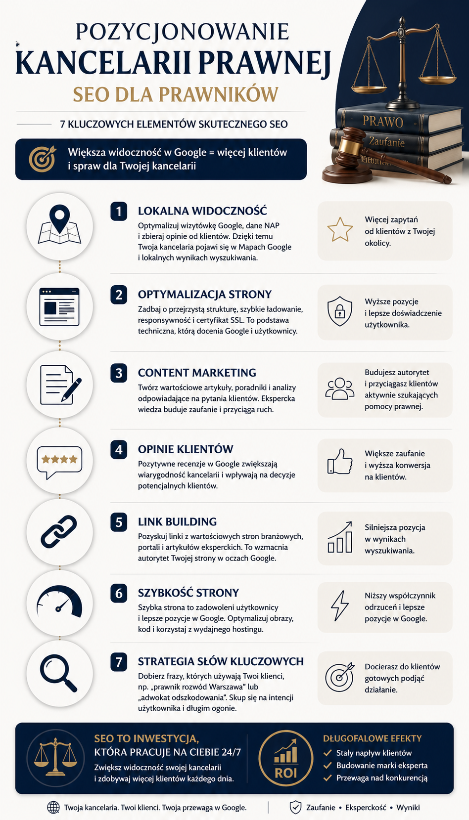 Infografika pokazująca elementy skutecznego pozycjonowania kancelarii prawnej