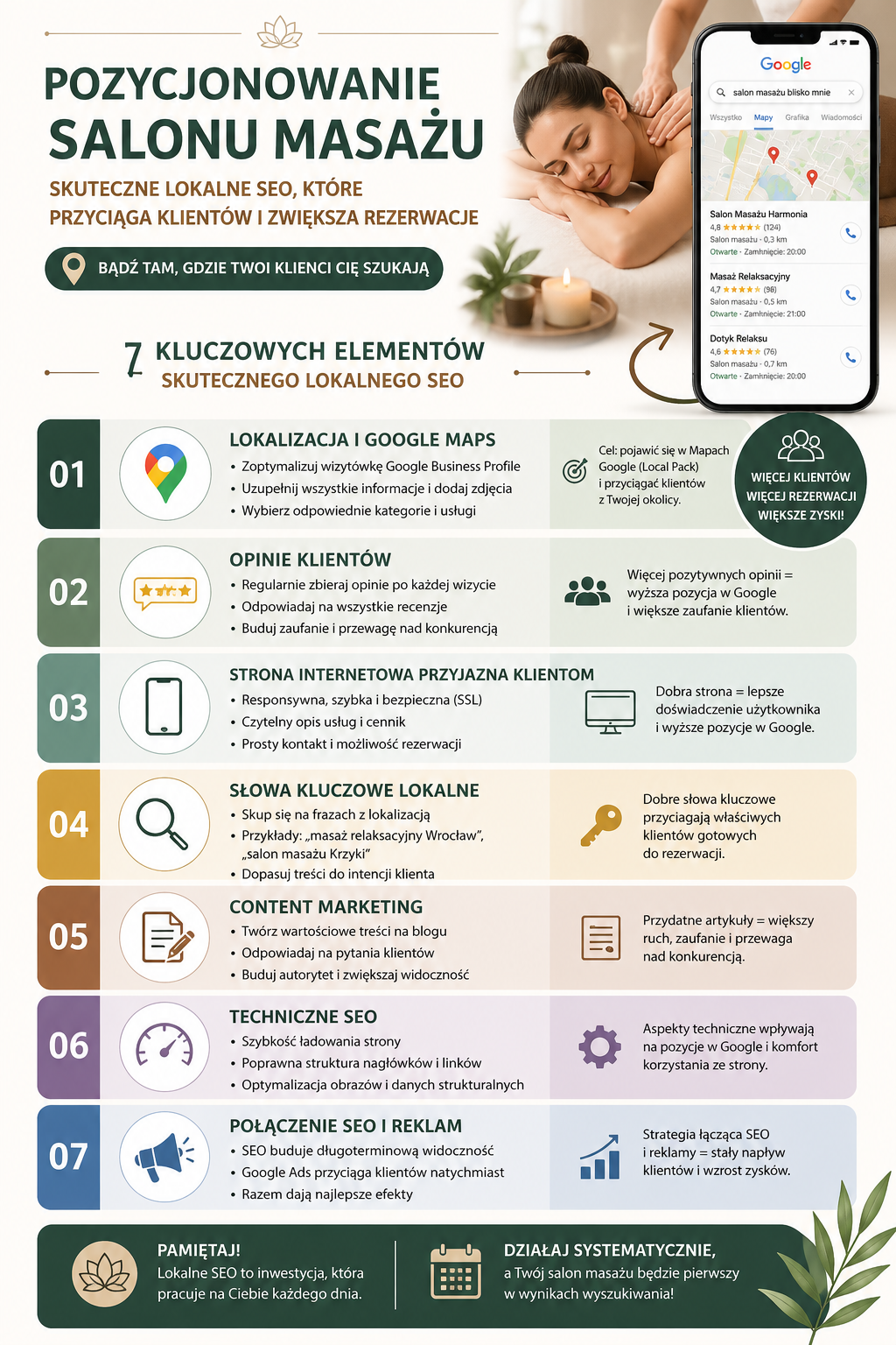 infografika pokazująca pozycjonowanie salonu masażu i lokalne SEO krok po kroku