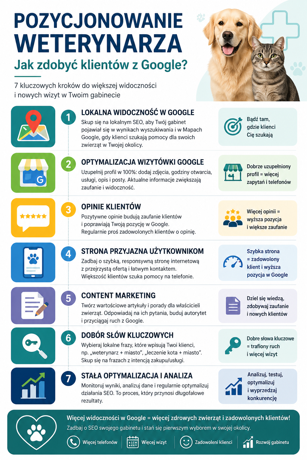infografika przedstawiająca proces pozycjonowania weterynarza i zdobywania klientów z Google