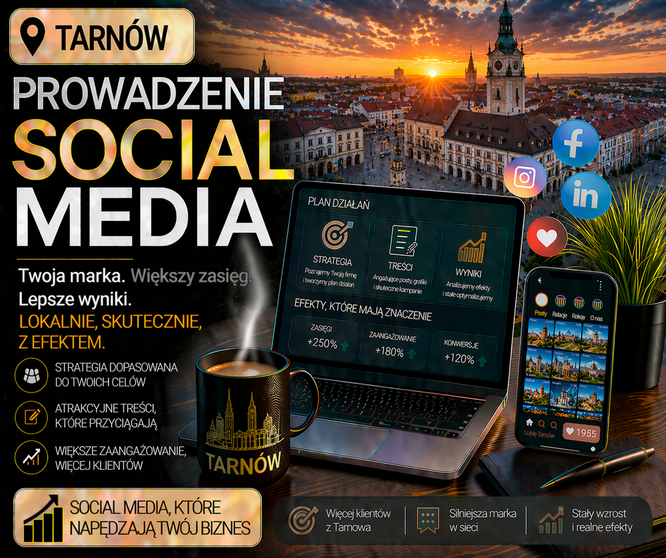 prowadzenie social media Tarnów - zdjęcie wyróżniające przedstawiające strategię marketingową, tworzenie treści i rozwój lokalnej firmy w social media