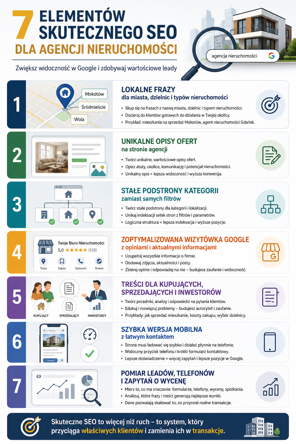 Infografika pokazująca pozycjonowanie agencji nieruchomości przez lokalne SEO, treści i Google Maps