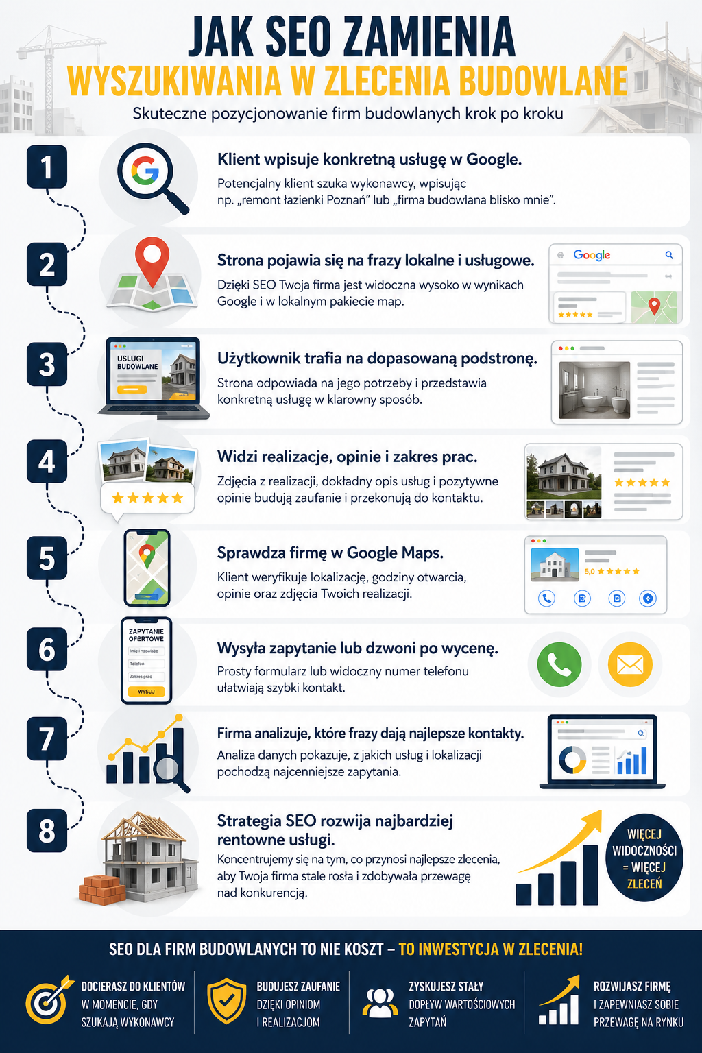 Infografika pokazuje, jak pozycjonowanie firm budowlanych prowadzi od wyszukiwania w Google do zlecenia