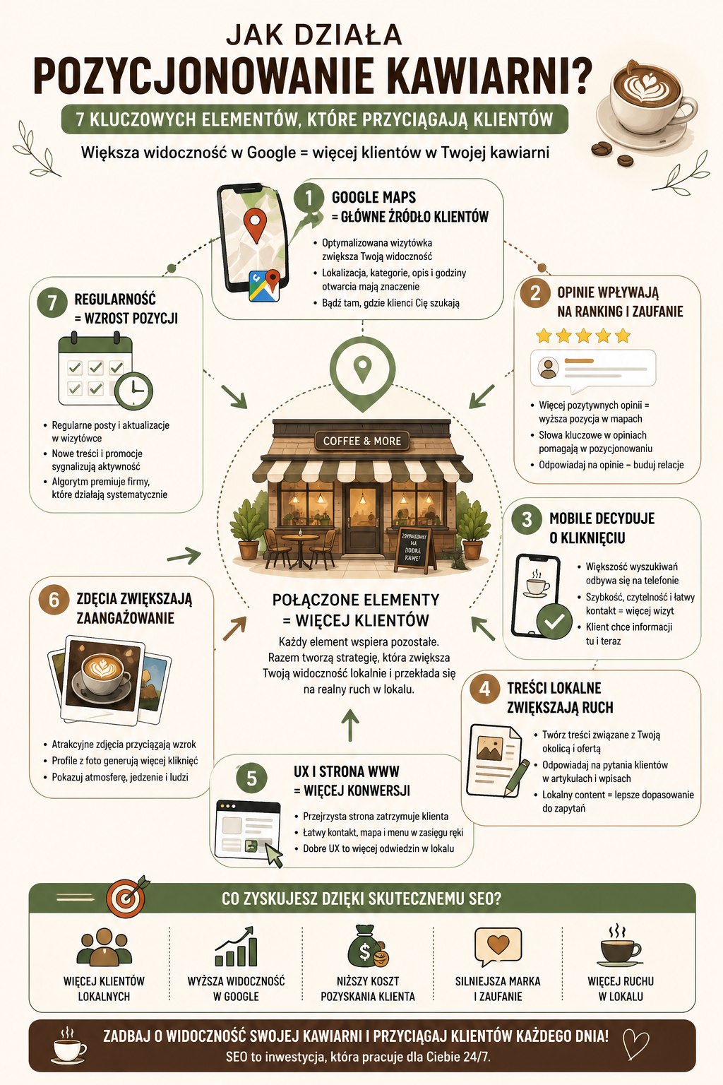 infografika pokazująca pozycjonowanie kawiarni i czynniki wpływające na widoczność
