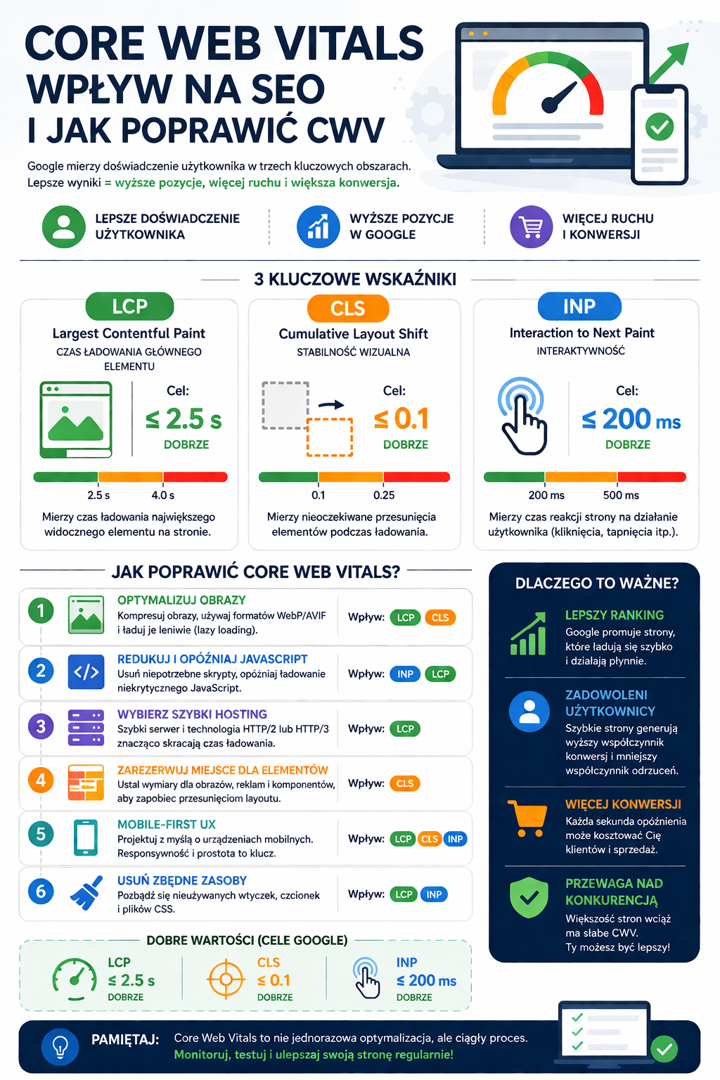 Checklista - Infografika Core Web Vitals jak poprawić LCP CLS INP i zwiększyć SEO