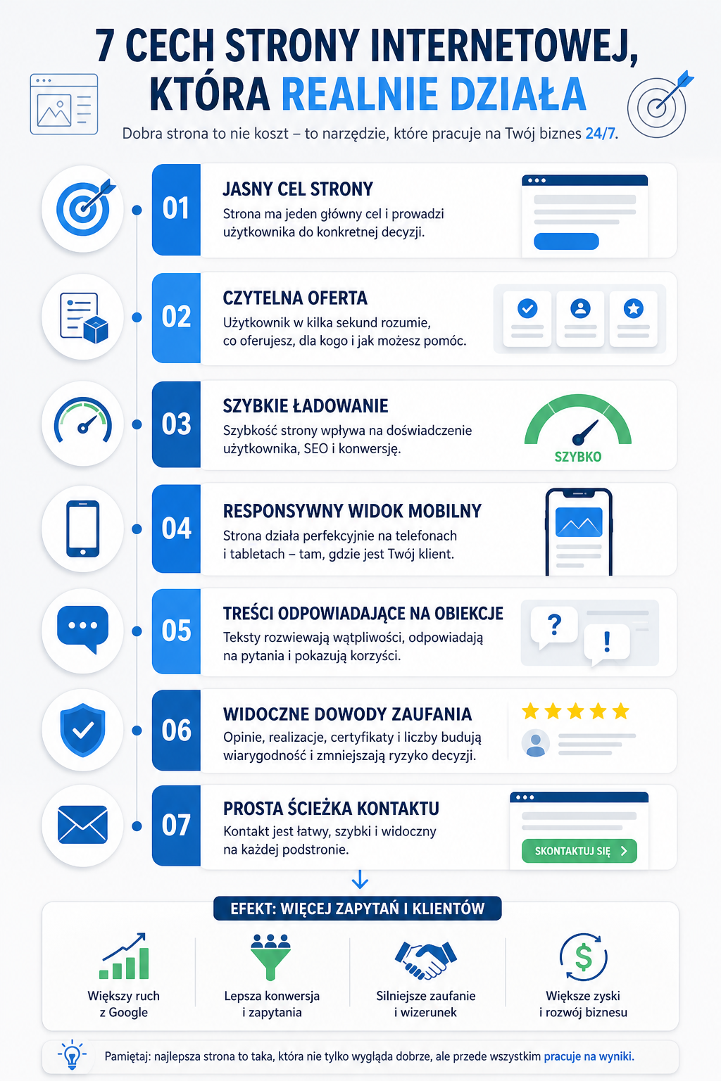 infografika dobra strona internetowa z siedmioma cechami wpływającymi na SEO, UX i konwersję