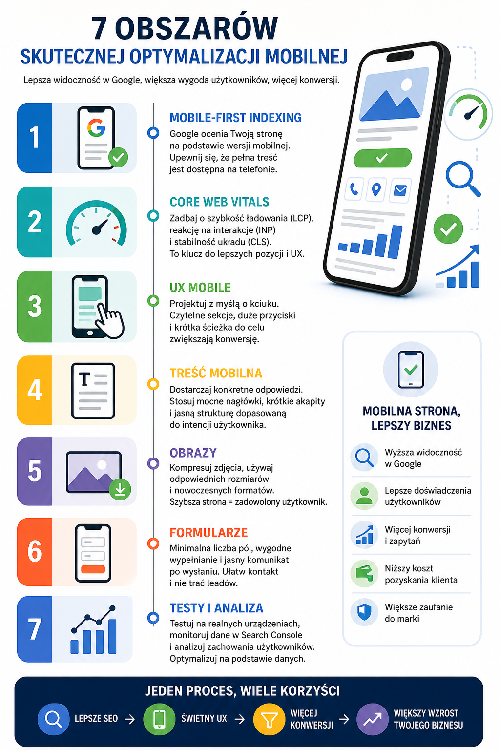 Infografika optymalizacja stron dla urządzeń mobilnych pokazująca SEO, UX, szybkość i konwersję