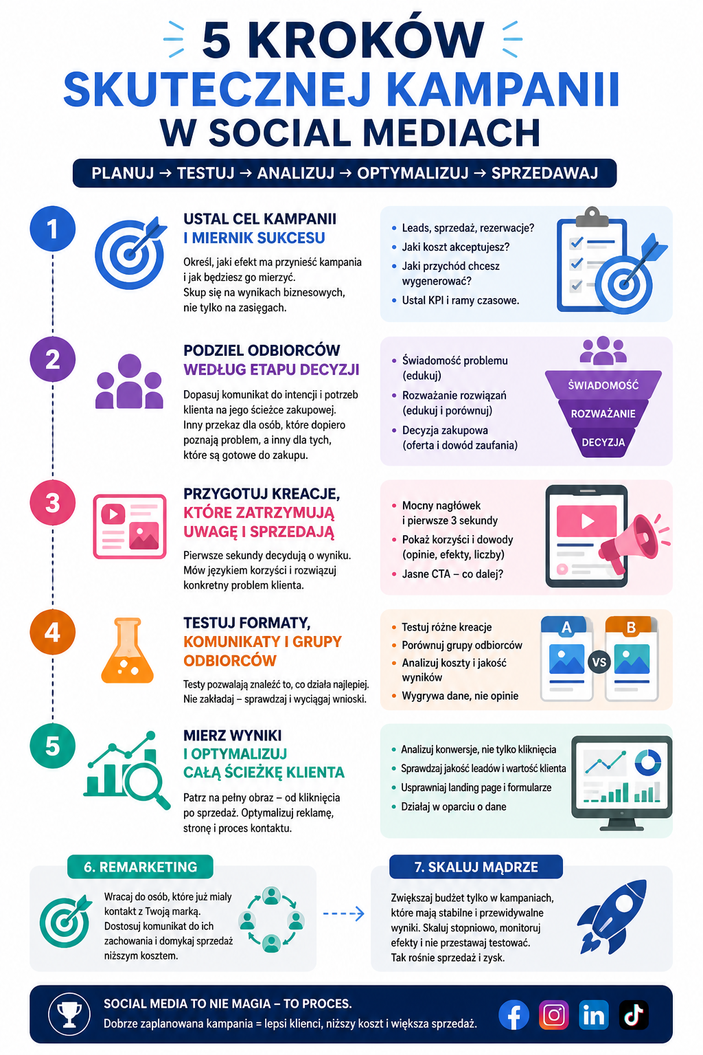 infografika skuteczne kampanie w social mediach z 5 krokami planowania, testowania i optymalizacji