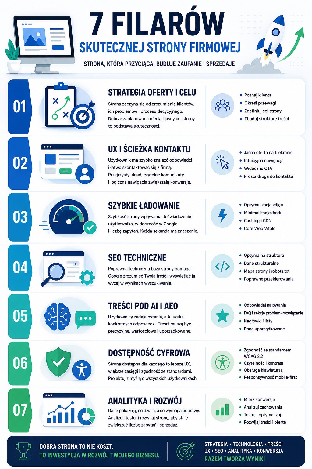 Infografika pokazująca 7 filarów tworzenia stron firmowych pod SEO, UX, AI i konwersję