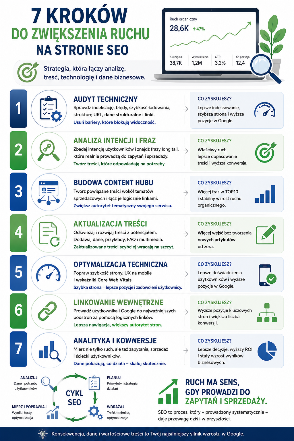 Infografika zwiększenie ruchu na stronie SEO z siedmioma krokami od audytu po analizę konwersji