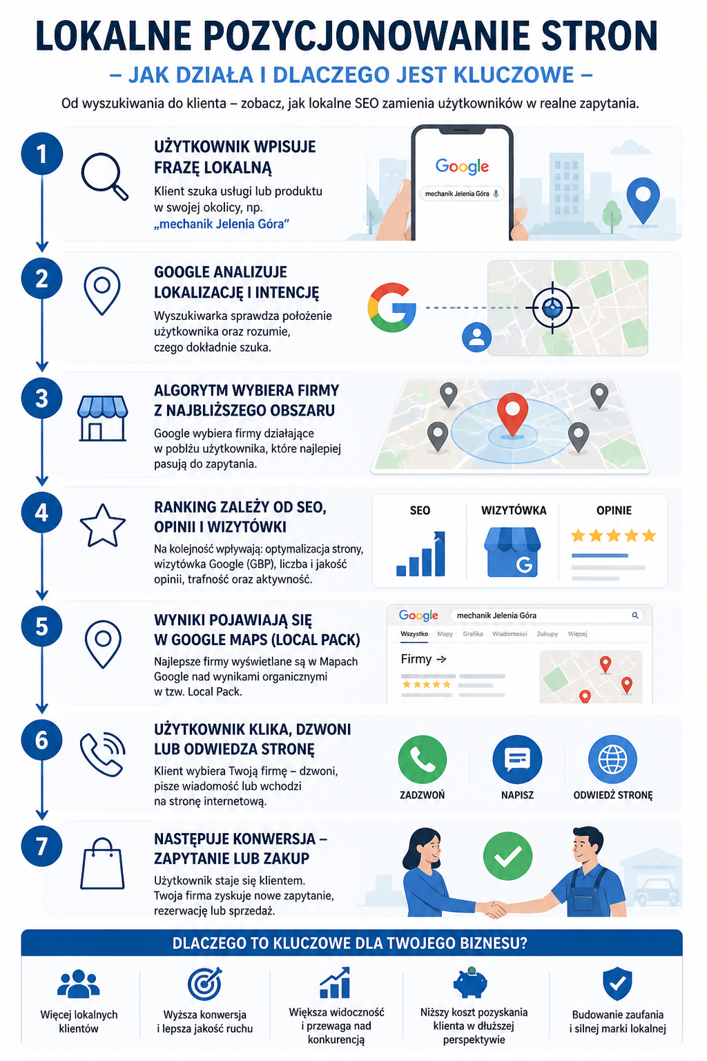 infografika pokazująca proces lokalnego pozycjonowania stron od wyszukiwania do konwersji klienta