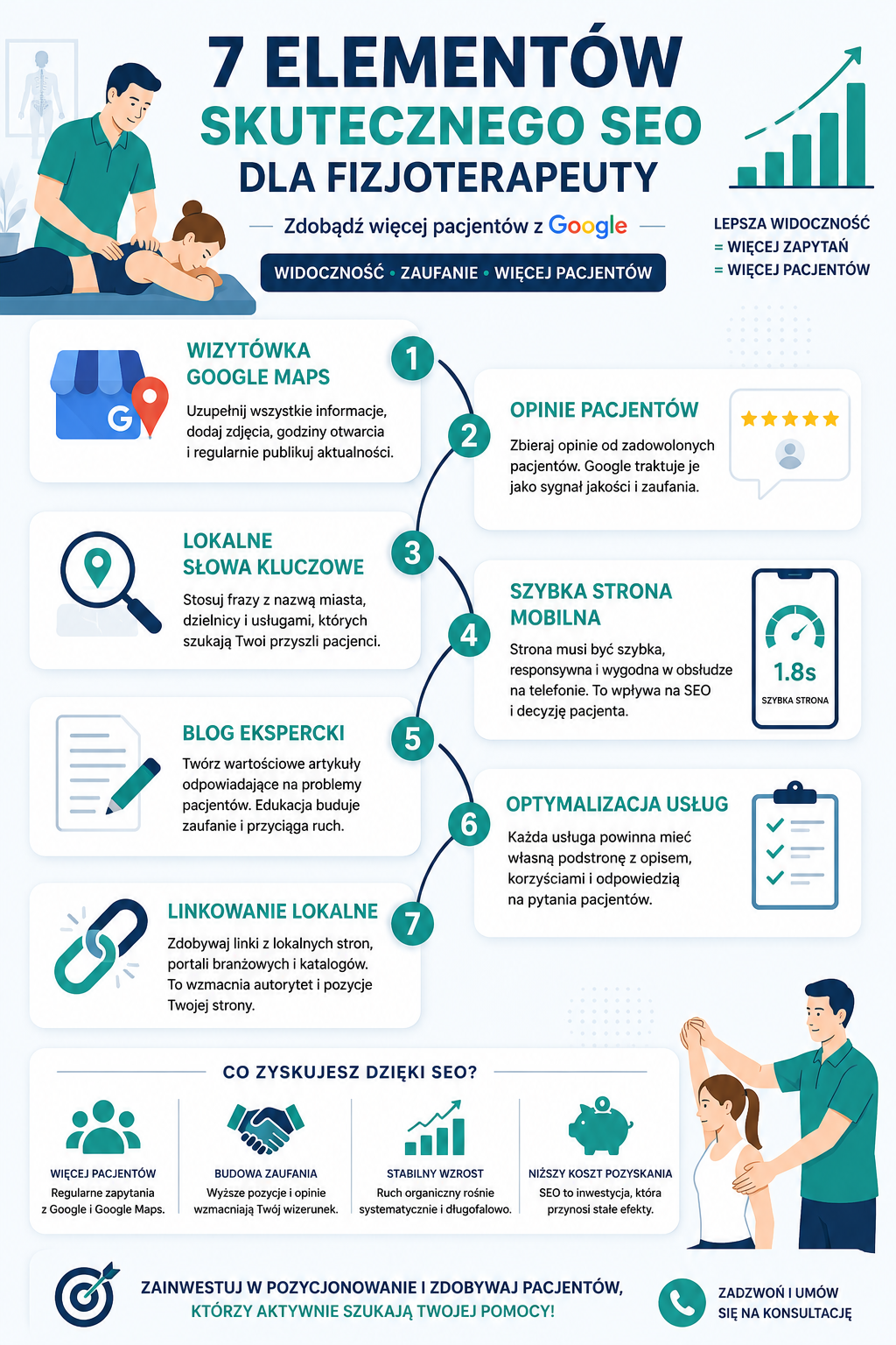 Infografika przedstawiająca pozycjonowanie fizjoterapeuty i najważniejsze elementy SEO lokalnego