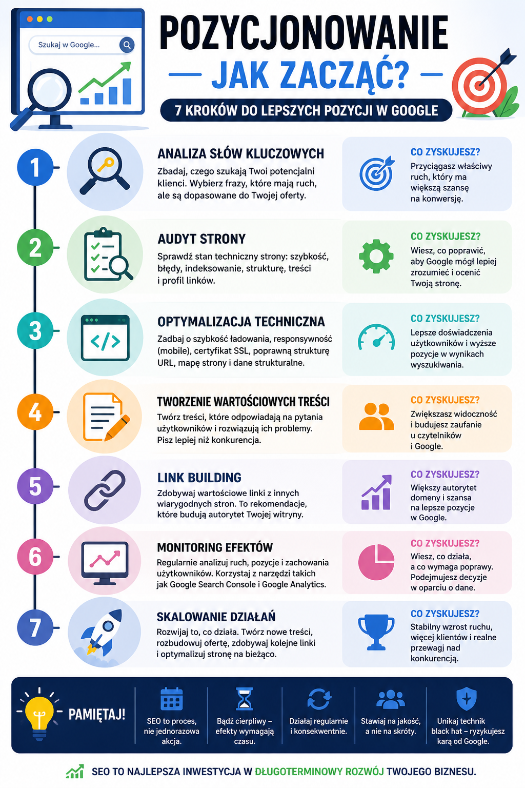 pozycjonowanie jak zacząć infografika kroków SEO dla początkujących