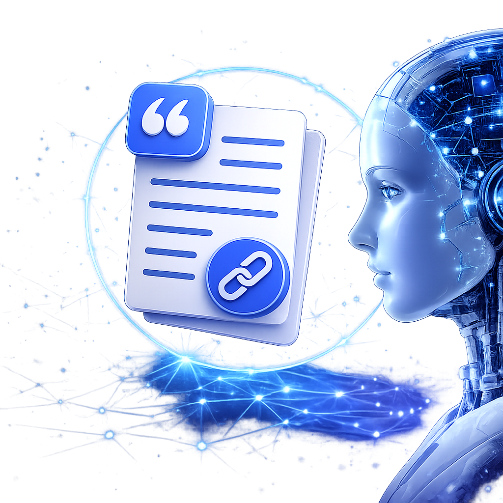 AI Citation przedstawione jako połączenie sztucznej inteligencji z dokumentami źródłowymi i siecią wiarygodnych danych.