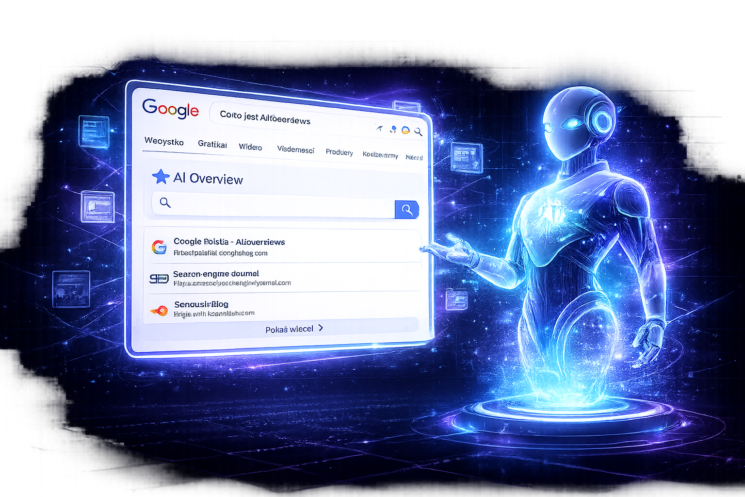 Sztuczna inteligencja analizująca wyniki wyszukiwania Google AI Overviews i generująca odpowiedzi dla użytkowników