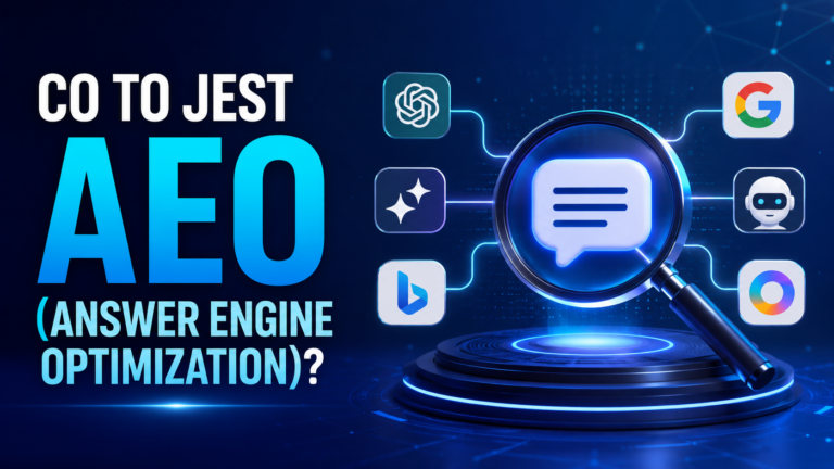 Co to jest AEO Answer Engine Optimization przedstawione jako optymalizacja treści pod silniki odpowiedzi i wyszukiwanie oparte na sztucznej inteligencji.