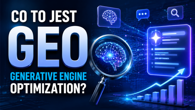 Co to jest GEO, czyli Generative Engine Optimization przedstawione jako optymalizacja widoczności treści w generatywnych wyszukiwarkach AI.