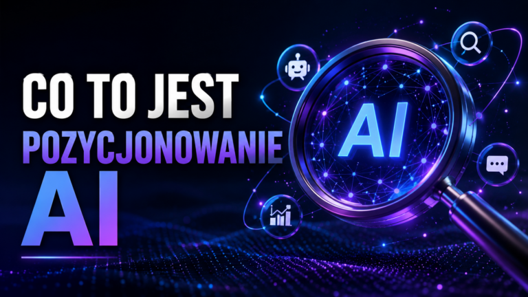 Co to jest pozycjonowanie AI – grafika wyróżniająca z motywem sztucznej inteligencji i wyszukiwania