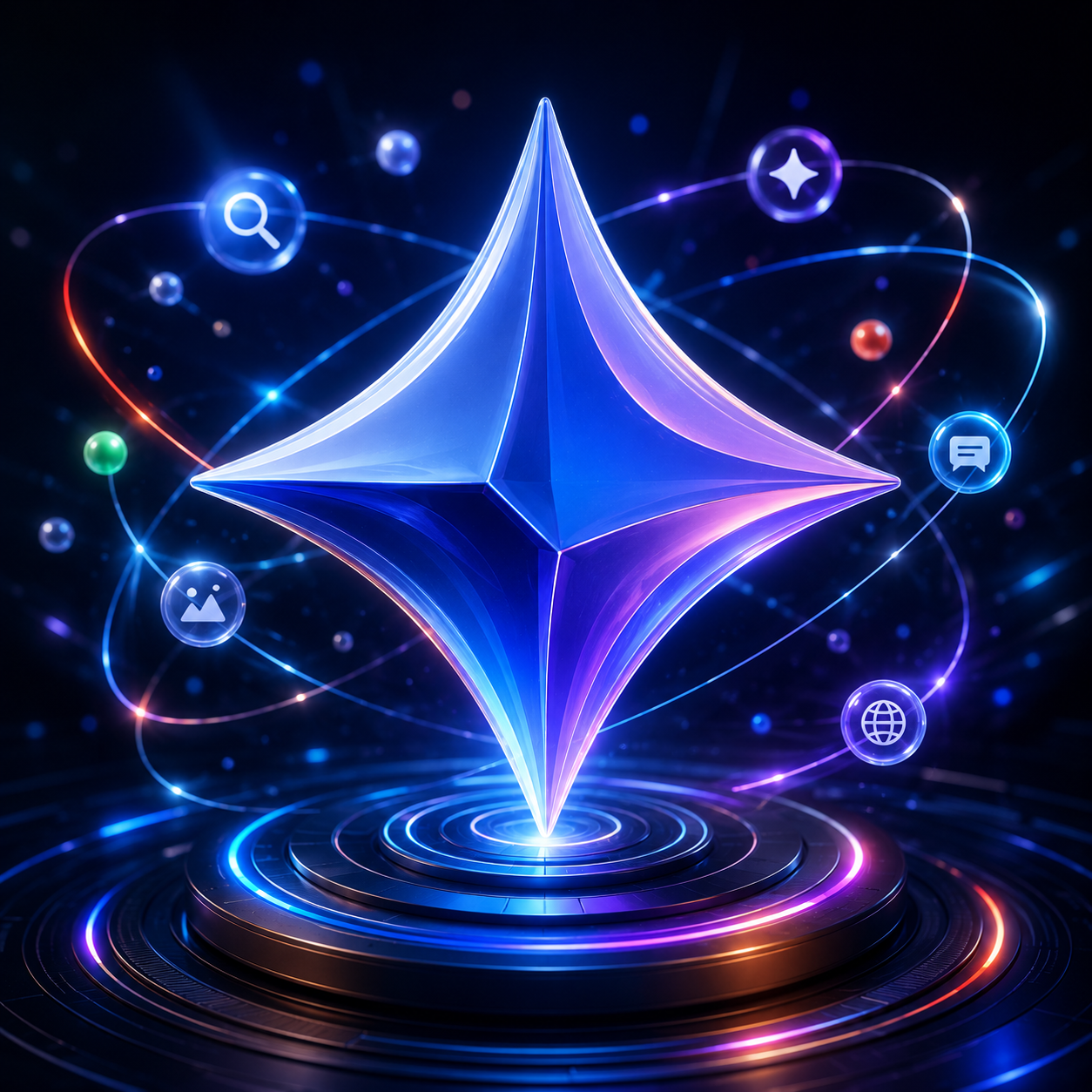 Gemini Google jako trójwymiarowy symbol sztucznej inteligencji w formie świetlistego kryształu