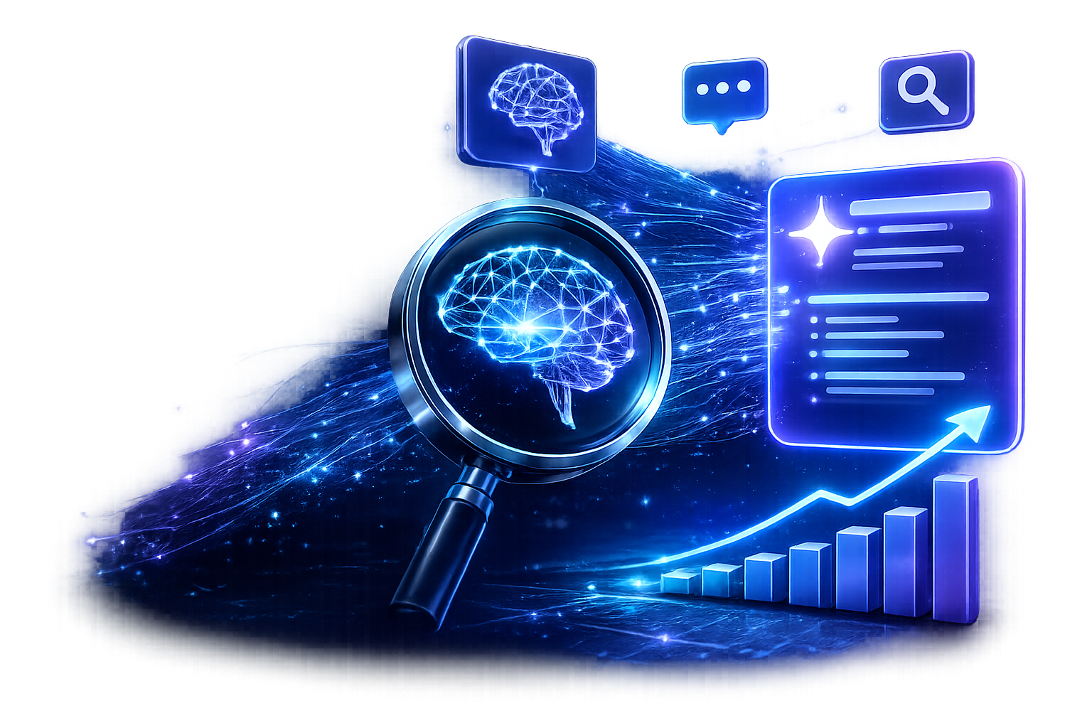 GEO Generative Engine Optimization przedstawione jako optymalizacja widoczności treści w odpowiedziach generowanych przez sztuczną inteligencję.