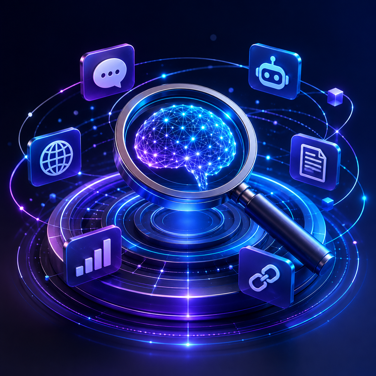 SEO dla AI – futurystyczny symbol optymalizacji wyszukiwania z kulą danych i semantycznymi połączeniami