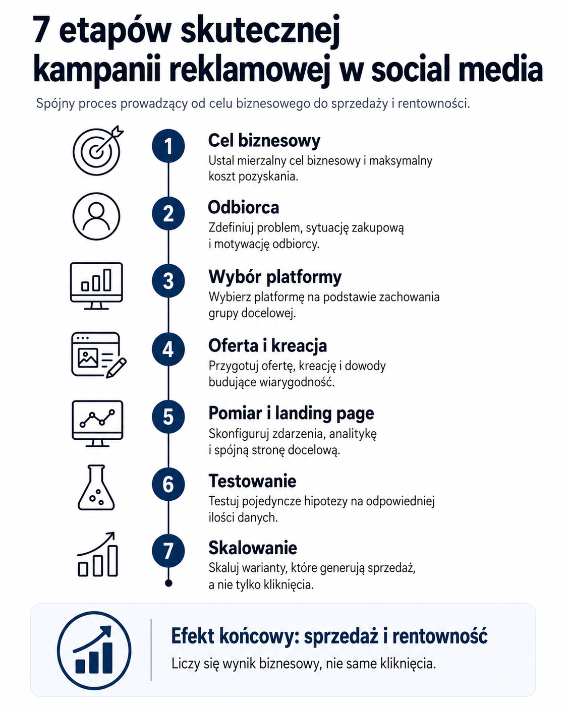 Infografika pokazująca siedem etapów, z których składa się skuteczna kampania reklamowa w mediach społecznościowych