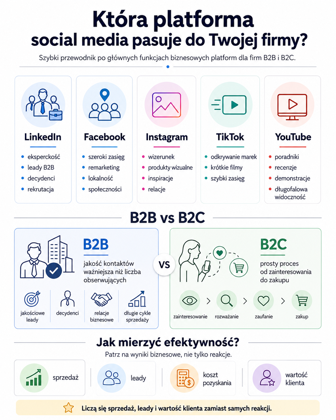 Infografika pokazująca platformy social media dla firm B2B i B2C oraz ich zastosowanie w marketingu i sprzedaży