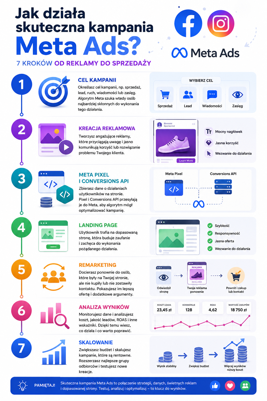Graficzna infografika pokazująca, jak działa reklama na Facebooku w Meta Ads od celu kampanii do skalowania wyników.