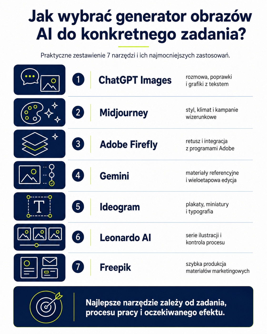 Infografika porównująca narzędzia AI do generowania obrazów z tekstu według ich głównych zastosowań